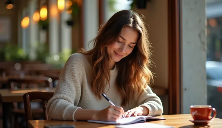 A woman in her thirties with wavy brown hair sitting in a café, writing in a notebook, her expression filled with satisfaction and determination, sunlight illuminating her hair, a coffee cup and a phone with notifications in the background, capturing the i...