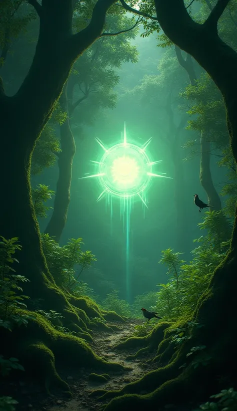 **Glowing object in the forest:** "A mysterious, glowing object hidden among the leaves and branches in a lush forest, capturing the attention of the birds."