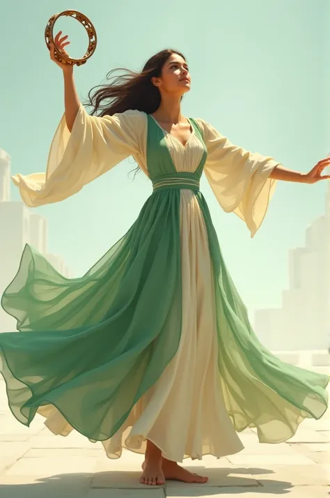 Christian dancer in a petroleum green and cream dress with a very noticeable tambourine in her hand and space below the dancer 