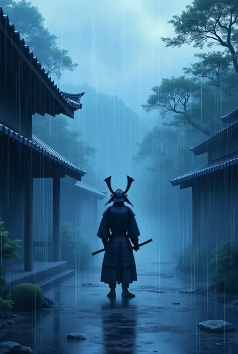 Image with Japanese and anime references and writings with light blue coloring as the main color and a slightly darker blue as the secondary color.. Para wallpaper vertical. I want little information. Samurai. rain