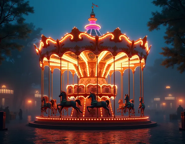 Realistic carousel, with lights that illuminate the place (without people) 