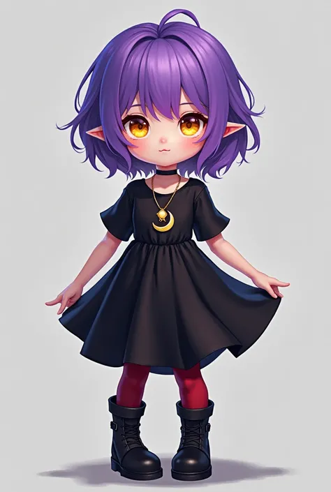 A girl with short purple hair wearing a black dress with a moon necklace with red leggings black boots and with pointy ears and golden eyes make it a smaller girl 