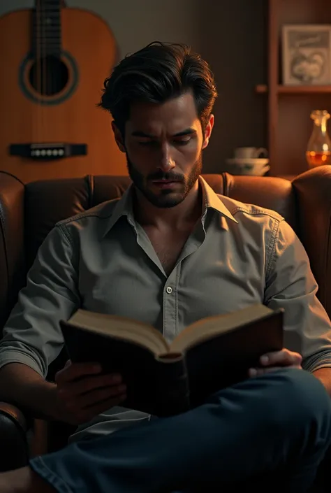 A man reading a book and drinking alcohol next to him and a guitar in the background 