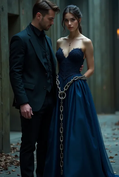 A realistic high resolution photo of a beautiful woman elegantly dressed in a dark blue flowing dress, Bounded by a chain and Standing next to a man