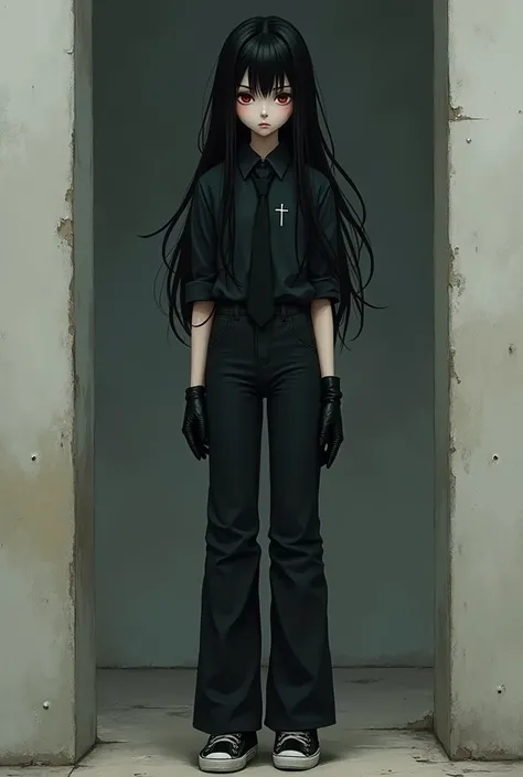 Tall girl 15-. long, loose, black hair with bangs "curtain". dark red, almost empty eyes, which, you can say, always squinting, and there are small bags under the eyes. black shirt, Black tie, gloves on hands, black flared pants and black sneakers. Also a ...