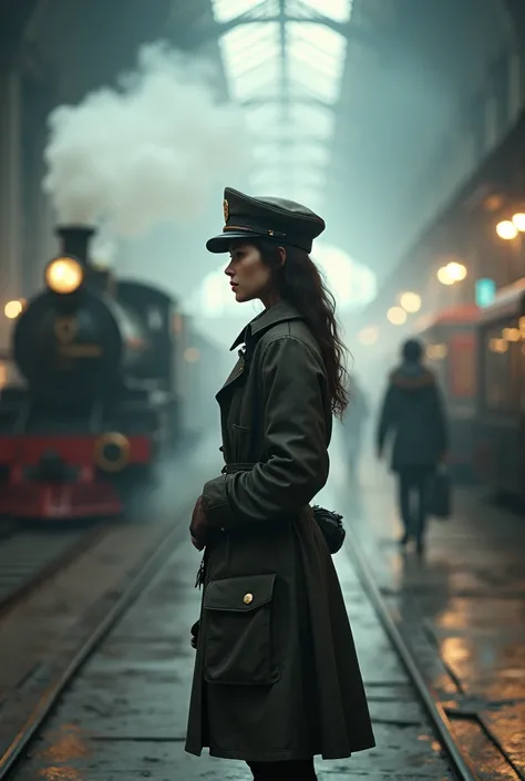 1 girl,  aviator hat ,   solo,   steam punk, train station,  , steam, smoke, masterpiece, highly detailed,HDR,8k resolution, best quality,