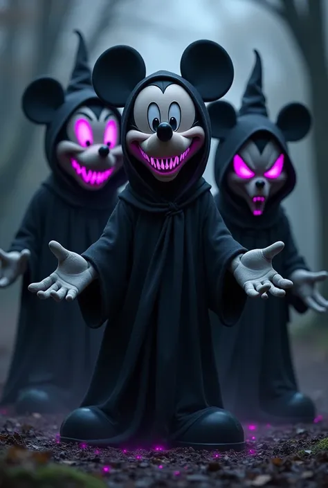 Mickey mouse, Halloween, characterized as witches, dark color palette, White, therefore, scary, neon purple