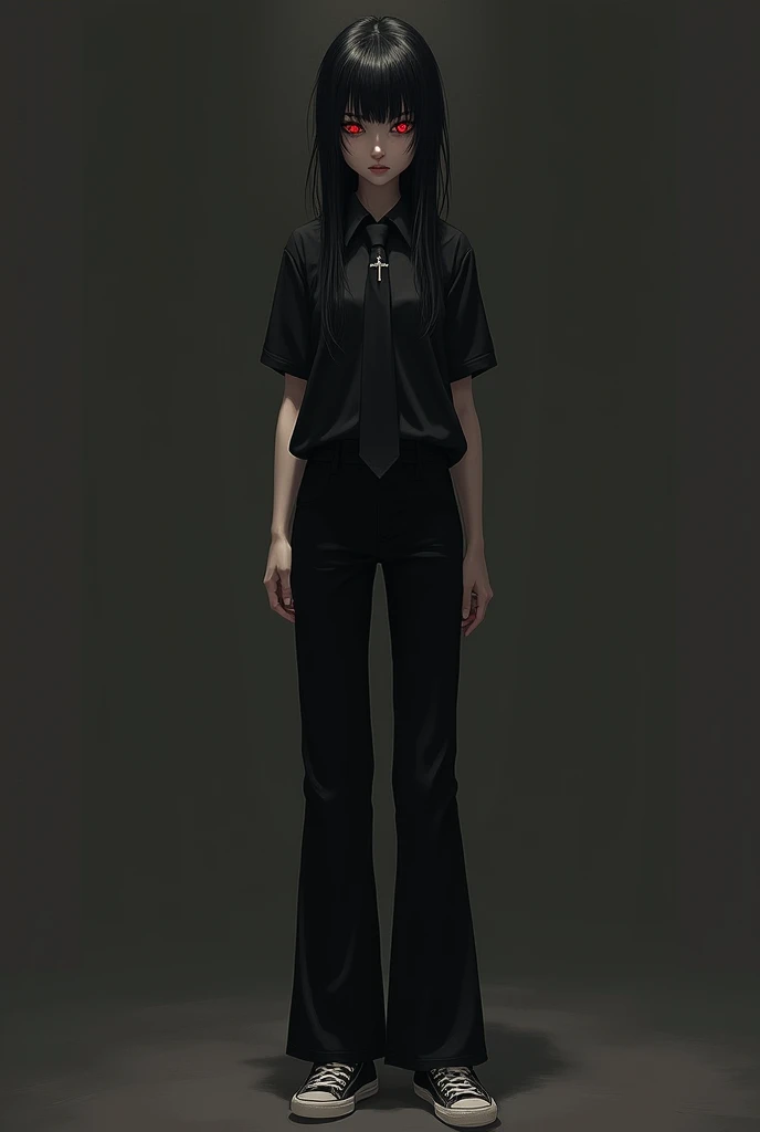 Tall girl about 1. long, loose, black hair with bangs "curtain". dark red, almost empty eyes, which, you can say, always squinting, and there are small bags under the eyes. black shirt, Black tie, gloves on hands, black flared pants and black sneakers. Als...