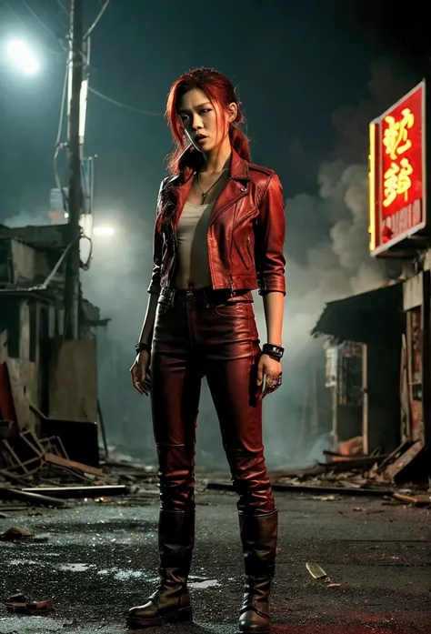 A zombie apocalypse scene set in Thailand. The female protagonist stands boldly in the center, her long wine-red hair tied in a ponytail. She wears a striking red leather jacket, rugged jeans, and combat boots, holding a pistol firmly in her right hand. Ar...