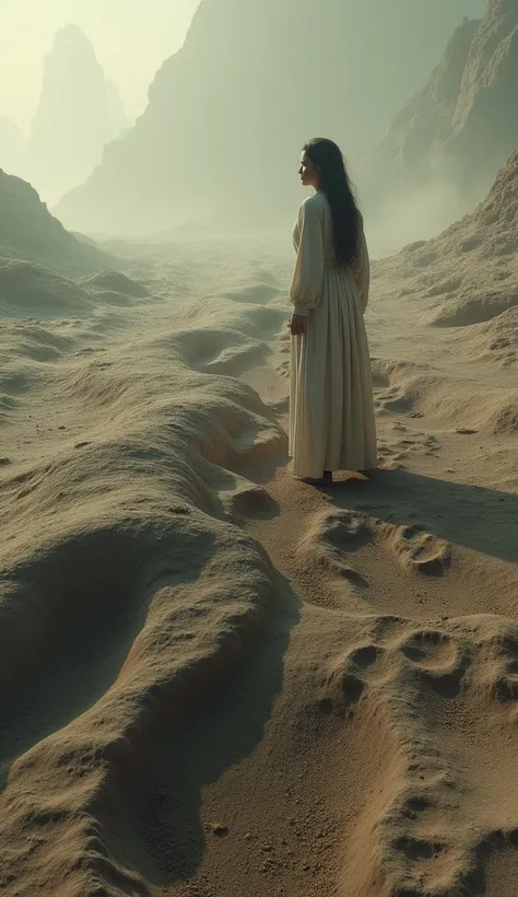 1girl, biblical giant footprints on the ground, highly detailed, hyper realistic, cinematic lighting, dramatic shadows, volumetric fog, dramatic atmosphere, muted color palette, photorealistic, 8k, best quality, masterpiece