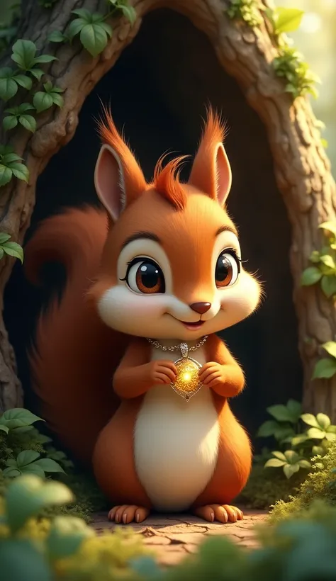  "A small, brown squirrel(A small, brown squirrel with big eyes and a bushy tail, holding a shiny object) with a bushy tail, holding a shiny necklace, hiding it in its tiny paws in a tree hollow."