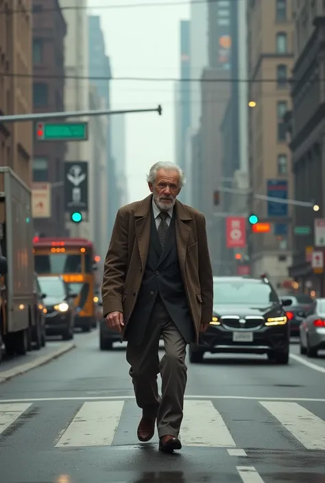 A old man crossing the road 

