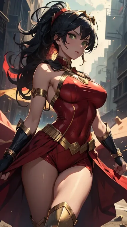 Realistic 1.2, (best quality, 4k, 8k, high resolution, masterpiece: 1.2), ultra detailed, superhero, sexy, (beautiful superheroine), braided ponytail, athletic body l, black hair, big breasts, short red sleeveless blouse, with a gold star on her chest, bel...