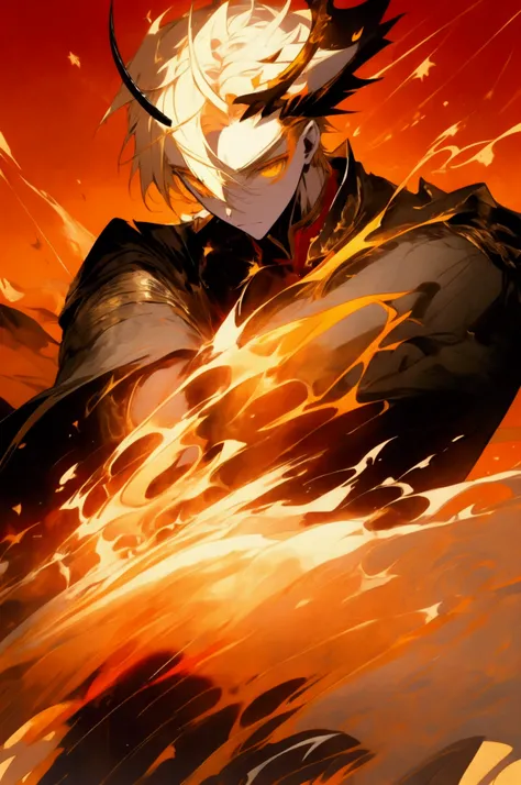 Male angel with blond short hair, two horns on the forehead, yellow eyes, torn black clothes, divine crown, male character ((JUST A CHARACTER), teenage traits, ultra detailed, in perspective, for manga cover, red background