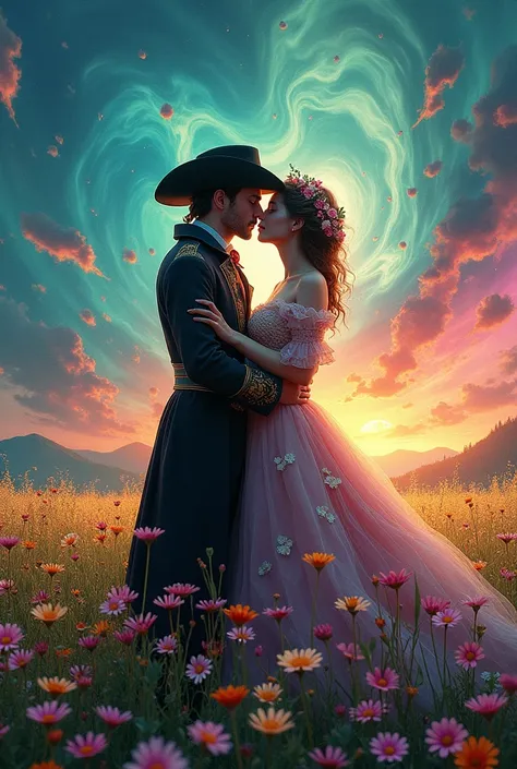 Don Quixote and the thief Arsene Lupin kissing in a field of flowers with a psychedelic sky