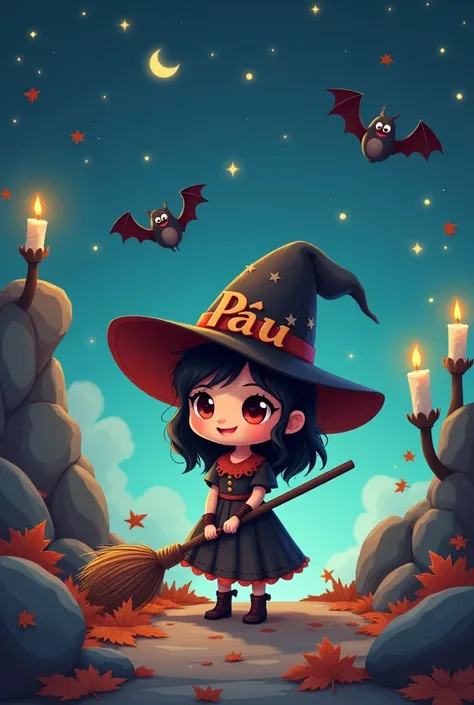 A medium shot of a Latin style chibi witch wearing a classic hat with the name "PAU", standing on a rocky terrain. She holds a broomstick. The background is a mystical night sky with floating candles and playful bats flying. The ground is covered with autu...