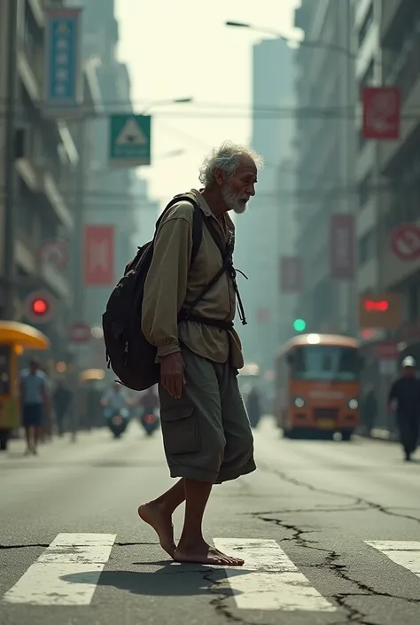 A old man crossing the road without shoes

