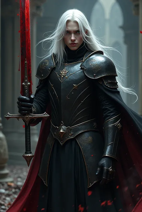 A young male vampire with white long hair in black plate armor holding a sworld with blood