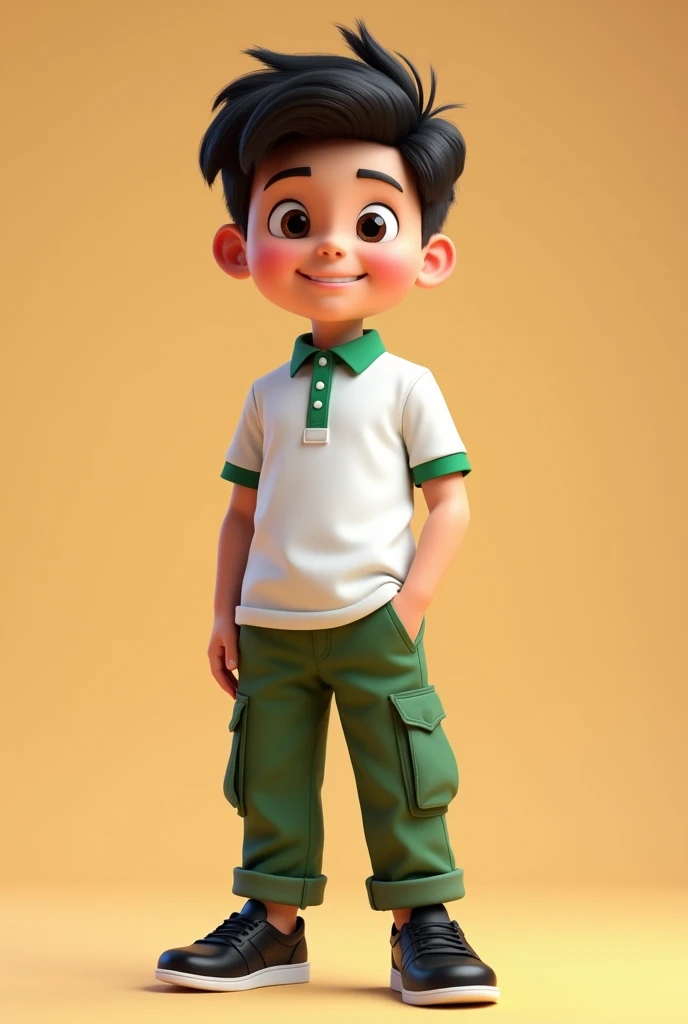  boy in white polo shirt with green collar, Casual green long pants and black PIXAR 3D-style shoes
