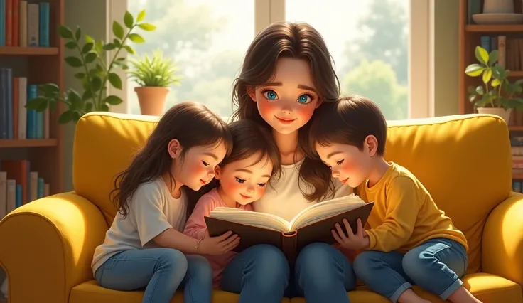 young mother with blue eyes sitting on yellow sofa. Her three small children sit next to her., look at beautiful illustrations in books.