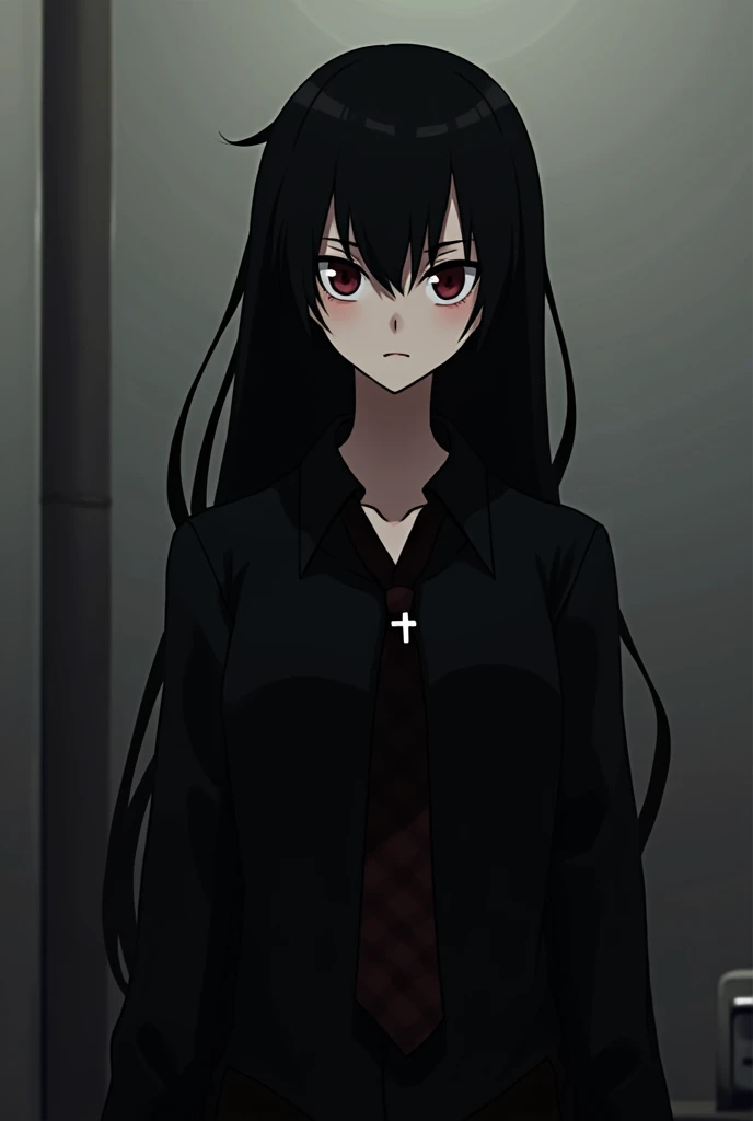 Tall girl about 1. long, loose, black hair. dark red eyes, empty, A keen eye , and there are small bags under the eyes. black shirt, Black tie. Also a pendant in the form of a small cross. in style "My Hero Academia", no smile on the face and no babyface