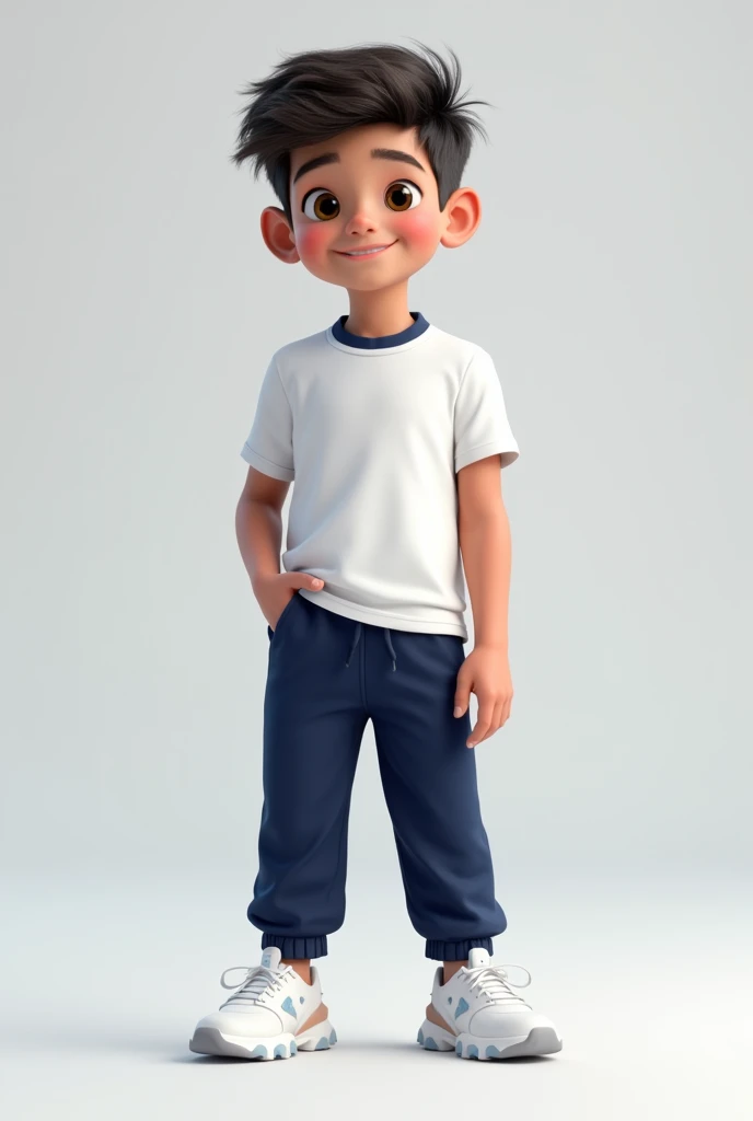  boy in white t-shirt with dark blue collar, Dark blue long sports pants and white PIXAR 3D-style sports shoes
