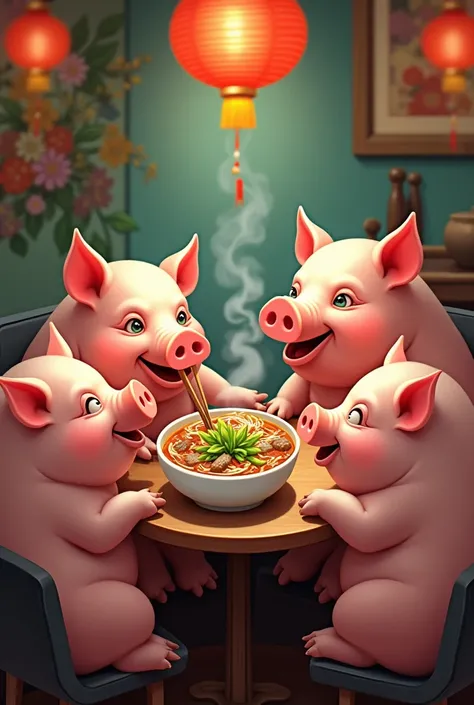 Pigs eating Hue beef noodle soup