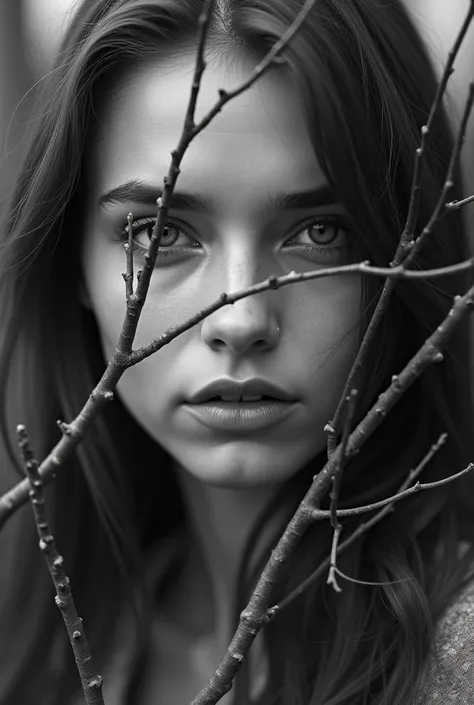 (photorealism:1.2), an award-winning (masterpiece) of a young woman with a striking and contemplative expression, captured in a monochromatic palette that enhances its dramatic effect. Her long, flowing hair frames her face, while a collection of bare bran...