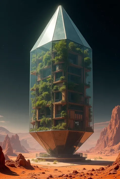 Diamond building built in mercury in a rectangular and elongated shape with an ecosystem inside