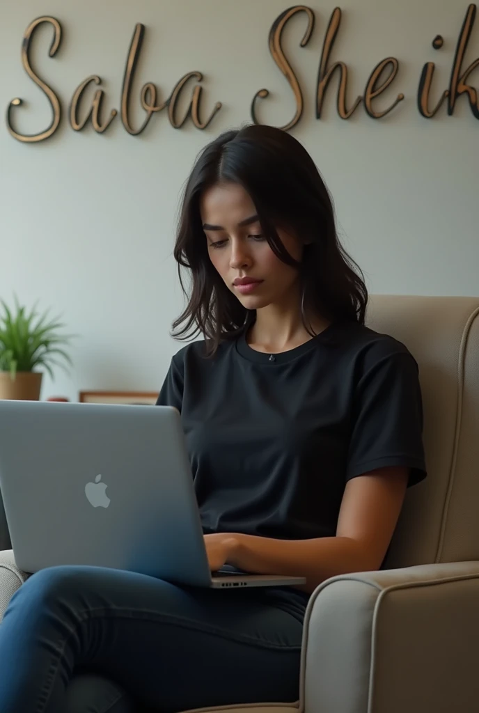 A girl 25 years she waer black t shirt and jeans sitting in chair and  front work on laptop coding background wallpaper letter Saba sheikh 