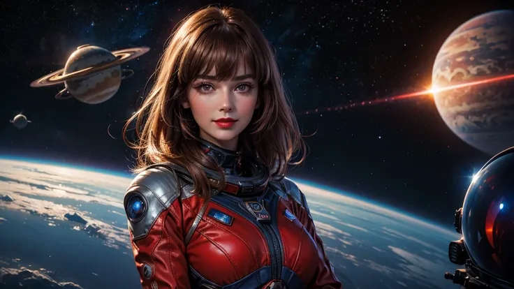 High-quality realistic acrylic art, VIVID COLORS, back point a view, a beautiful vintage european woman with brown straight hair, bangs, looking at the viewer with suspicious face and a shy smile, red lips, she wears sci-fi red and blue metalic space suit,...