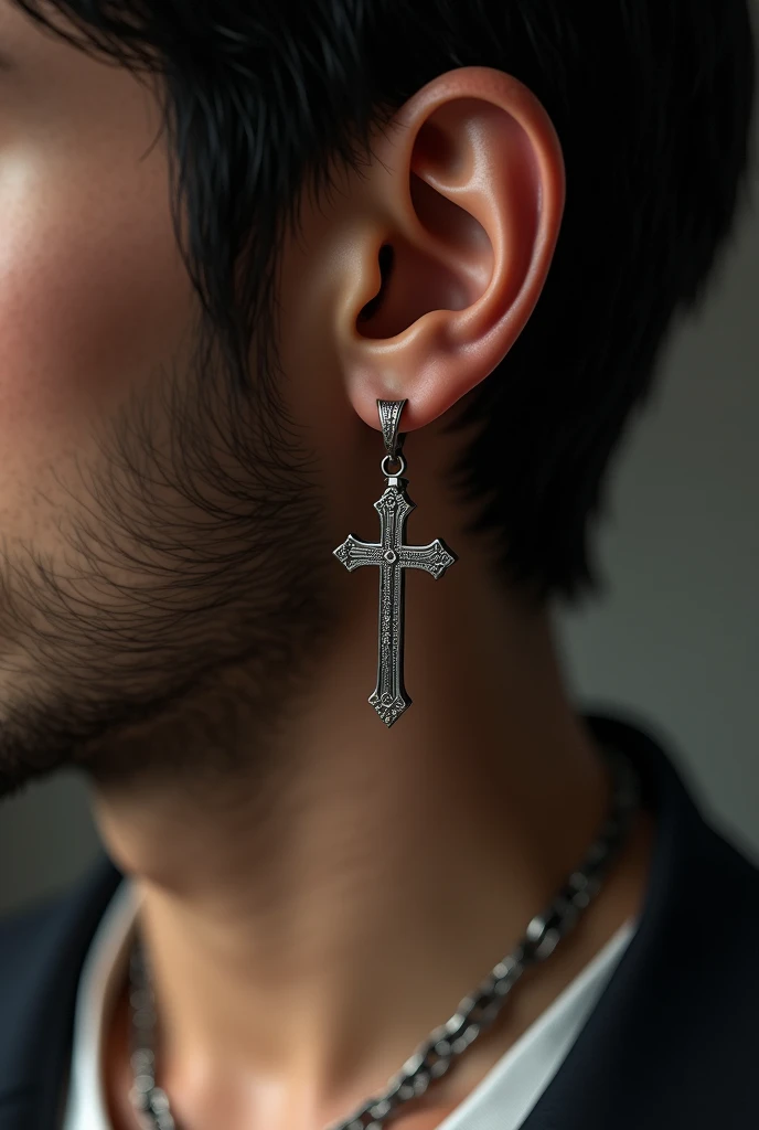 Make a realistic image of a man showing only his ear and half of his straight hair, I want you to put on a realistic cross necklace, all realistic.