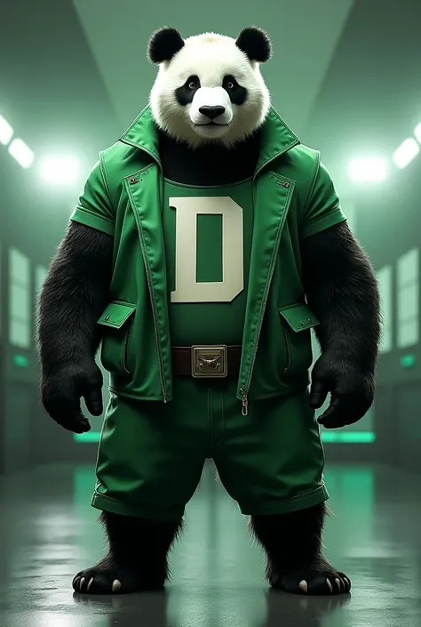 imposing panda, wearing green clothes with the letter D, Presenting a video game channel, masterpiece, best quality
