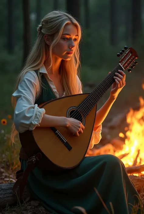 1 minstrel, age 25, beautiful european woman, she has ash-blonde hair, she has green eyes, she sits on log near a campfire and plays the lute