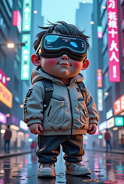 A futuristic cyberpunk chubby boy avatar with virtual reality glasses