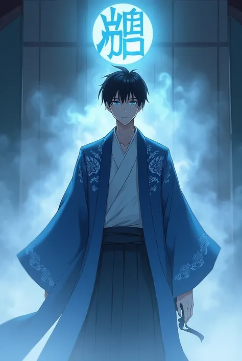 Tall guy, Dark-haired, short haircut, blue-eyed, long sleeve kimono, Blue patterns, family pob guboi, Ghost, calm look, anime