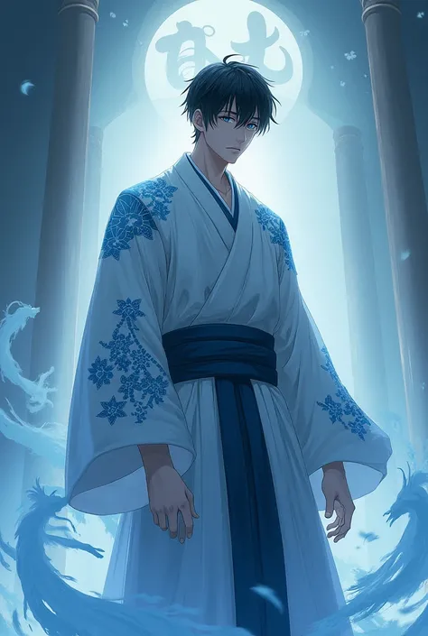 Tall guy, Dark-haired, short haircut, blue-eyed, long sleeve kimono, Blue patterns, family pob guboi, Ghost, calm look, anime