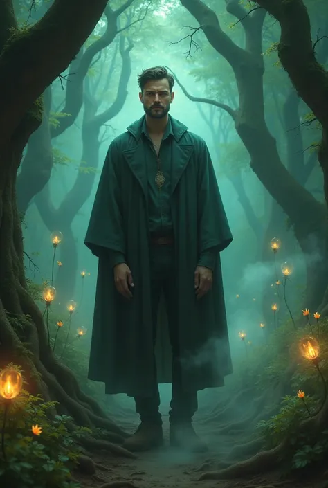 A realistic front-facing portrait of a man speaking about spirits in an enchanted, mystical forest. The man has an intense and expressive look, with eyes full of mystery as he speaks with a calm yet profound demeanor. He is surrounded by an ethereal glow, ...