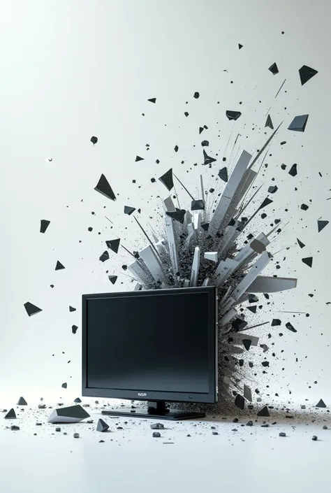 Modern TV exploding as the explosion emerges and the remains of the TV begin to be assembled into a futuristic TV