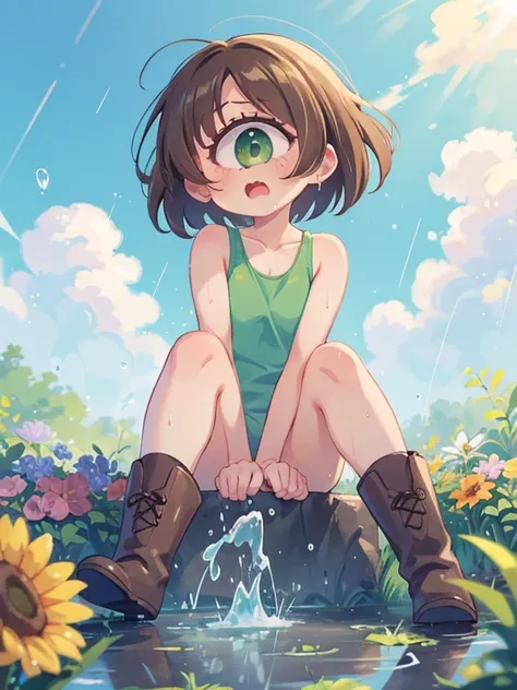 1girl, cute, cyclops, one-eyed, sitting, legs apart, knees up, closeup, dynamic pose, short brown hair, fluorescent green eyes, cowboy boots, splash, rain, sunny, bright sky, rainbow, wet body, puddles, flowers, surprised, puffy clouds, cute tank top