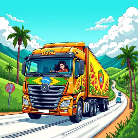 coloring page of a Brazilian woman driving a truck on a highway.
