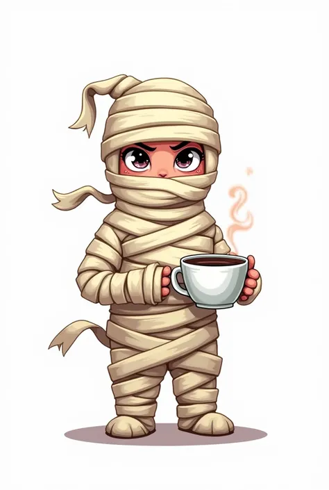 A vector art illustration of a cute and grumpy mummy wearing cozy pajamas. The mummys bandages are unraveled and playful, revealing expressive eyes peeking out from beneath the wrappings. The pajamas are adorned with fun patterns, adding a touch of charm t...