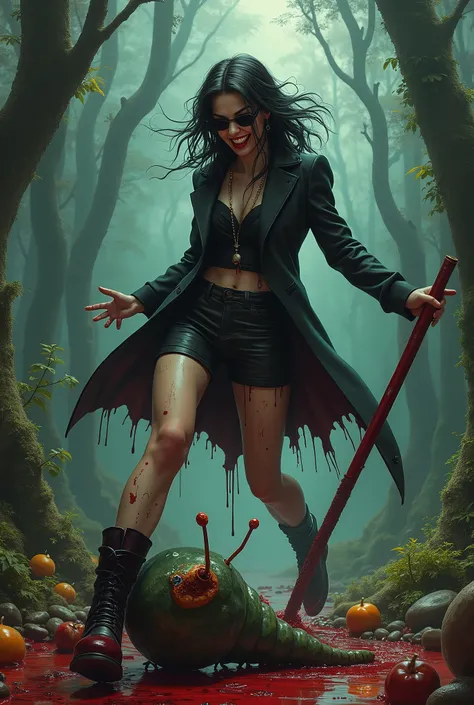 a maffia girl in wonderland, aggressive, sunglasses, creepy smile, Blood stains, kicking caterpillar with waterpipe, Dicks,  masterpiece, hyper detailed, cinematic lighting, vibrant colors, digital painting, photorealistic, dark fantasy, gothic, chiaroscur...