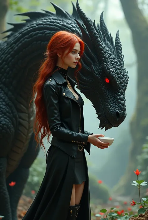 Beautiful girl with long red hair, with hazel eyes, white tea, dressed in a black dress, leather jacket, BOOTS, standing next to a black dragon with red and green eyes