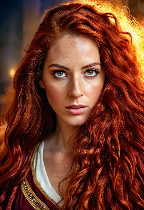 A beautiful Israeli woman, historical figure, in biblical times, detailed portrait, long flowing red hair, intense eyes, regal expression, traditional biblical clothing, dramatic lighting, vivid colors, cinematic composition, (best quality,4k,8k,highres,ma...