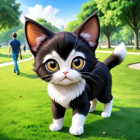 (((absurdres, highres, ultra detailed, HDR, master piece, best quality, extremely detailed, delicated features, noise removal))), Cartoon, cute furry kitten with big eyes walking in the park.