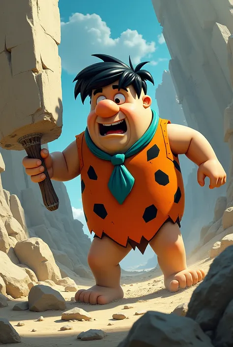  Fred Flintstone with black hair in a futuristic world making a very big rocks break.