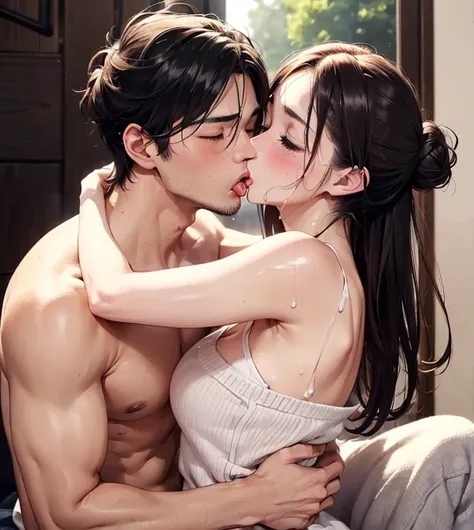 nsfw,(Best Quality, Ultra fine, Absolute Resolution, Full Color:1.3),(Beautiful Face),((Two beautiful men and women)),(Ecstasy),(Full blush) ,(Half-open eyes,A sad face、Tongue-tight kiss:1.3),(Poses that excite men, Inviting eyes)、(Thin, wet shirt、Tickle),...