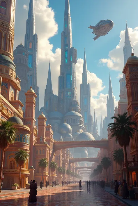 create an ancient and futuristic city with palaces and skyscrapers made of different kinds of crystals and gems and other palaces and shops made with Middle Eastern luxury with ancient advanced spacecrafts flying above