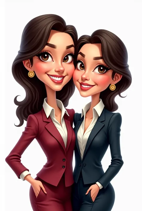 Caricature of a 2 woman, Alone, dark brown hair, light brown eyes, white skin color, smiling on a white background with suit and elegant. 